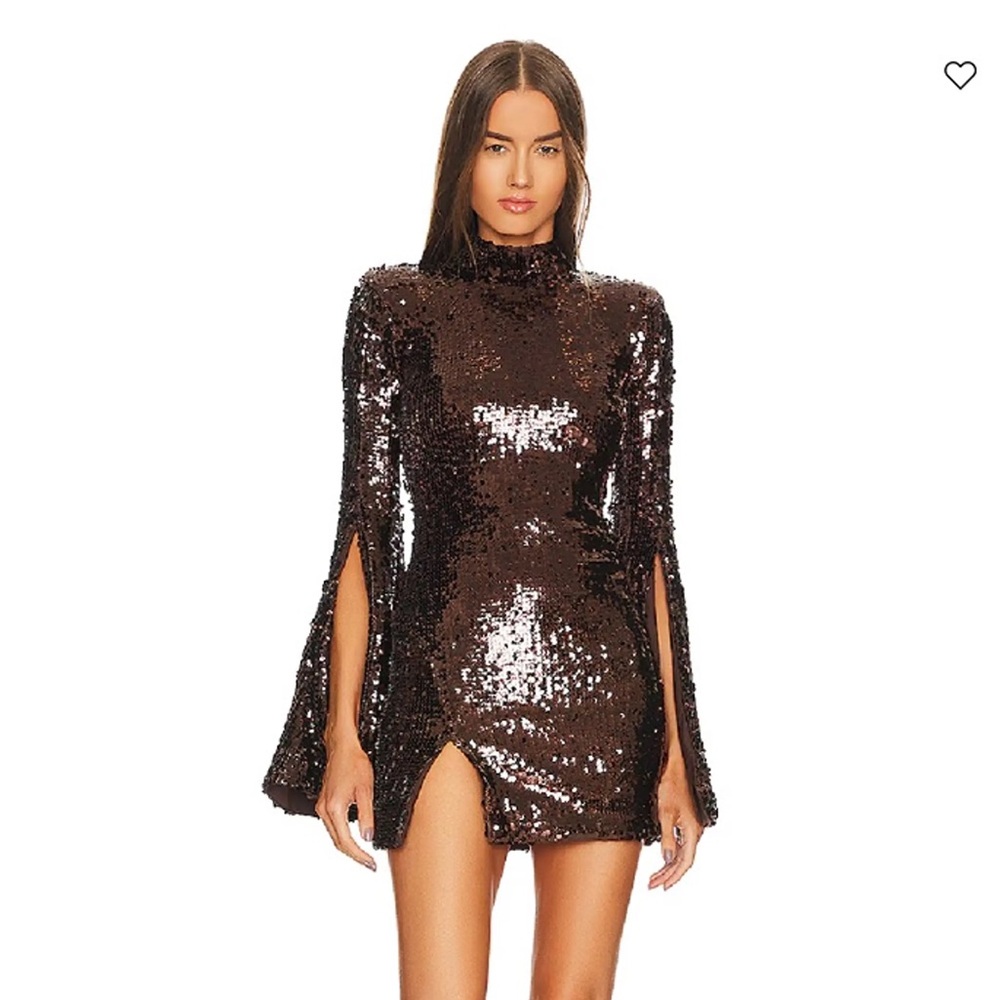 Sequin Split-Sleeve Mini Dress in Brown